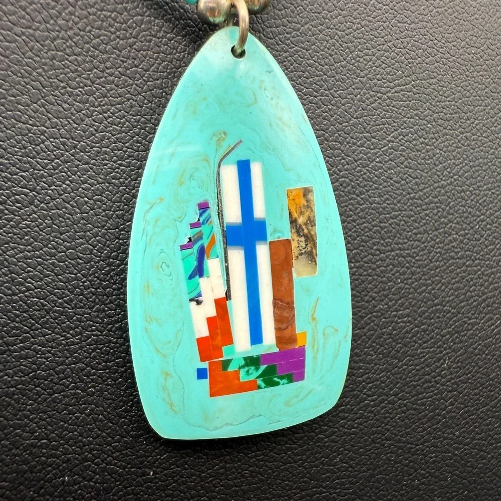 Handcrafted Turquoise Heishi Bead Necklace w/ Inlay Pendant 16